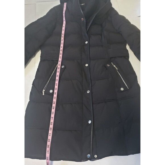 DKNY Winter Puffer Coat Black Hooded Large Knee Length Double Pockets Bib Front - Picture 9 of 15